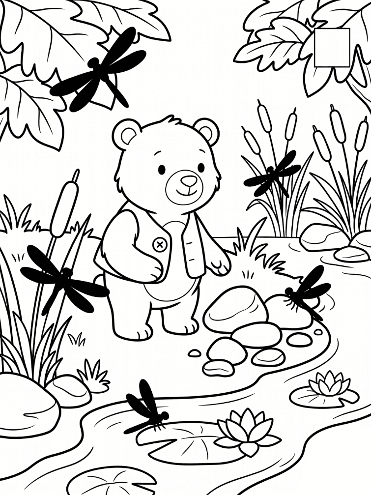 Beispielseite 1: Bär am Bach, umgeben von Libellen zum Zählen