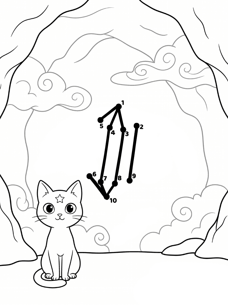 Beispielseite 3: Punkte-verbinden-Aufgabe mit einer Katze vor einer Höhle