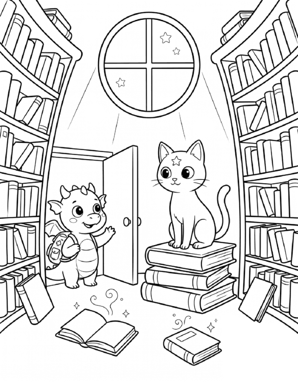 Vorschau der Bonus-Seite: Finn öffnet die Tür zur Bibliothek, in der Luna auf einem Bücherstapel sitzt
