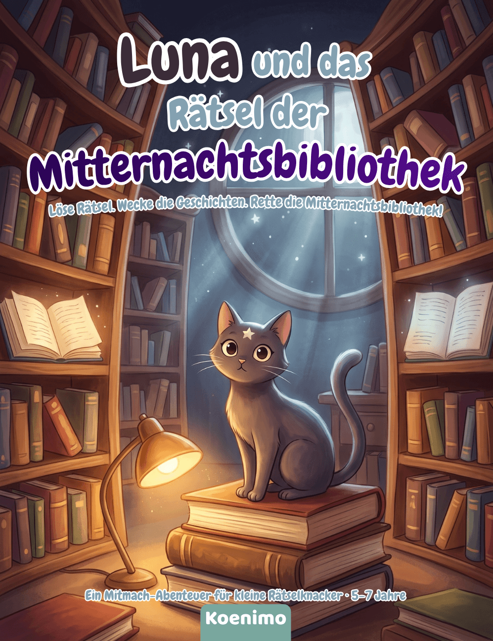 Cover des nächsten Buchs: Luna und das Rätsel der Mitternachtsbibliothek. Die Katze Luna sitzt auf einem Bücherstapel in einer nächtlichen Bibliothek.
